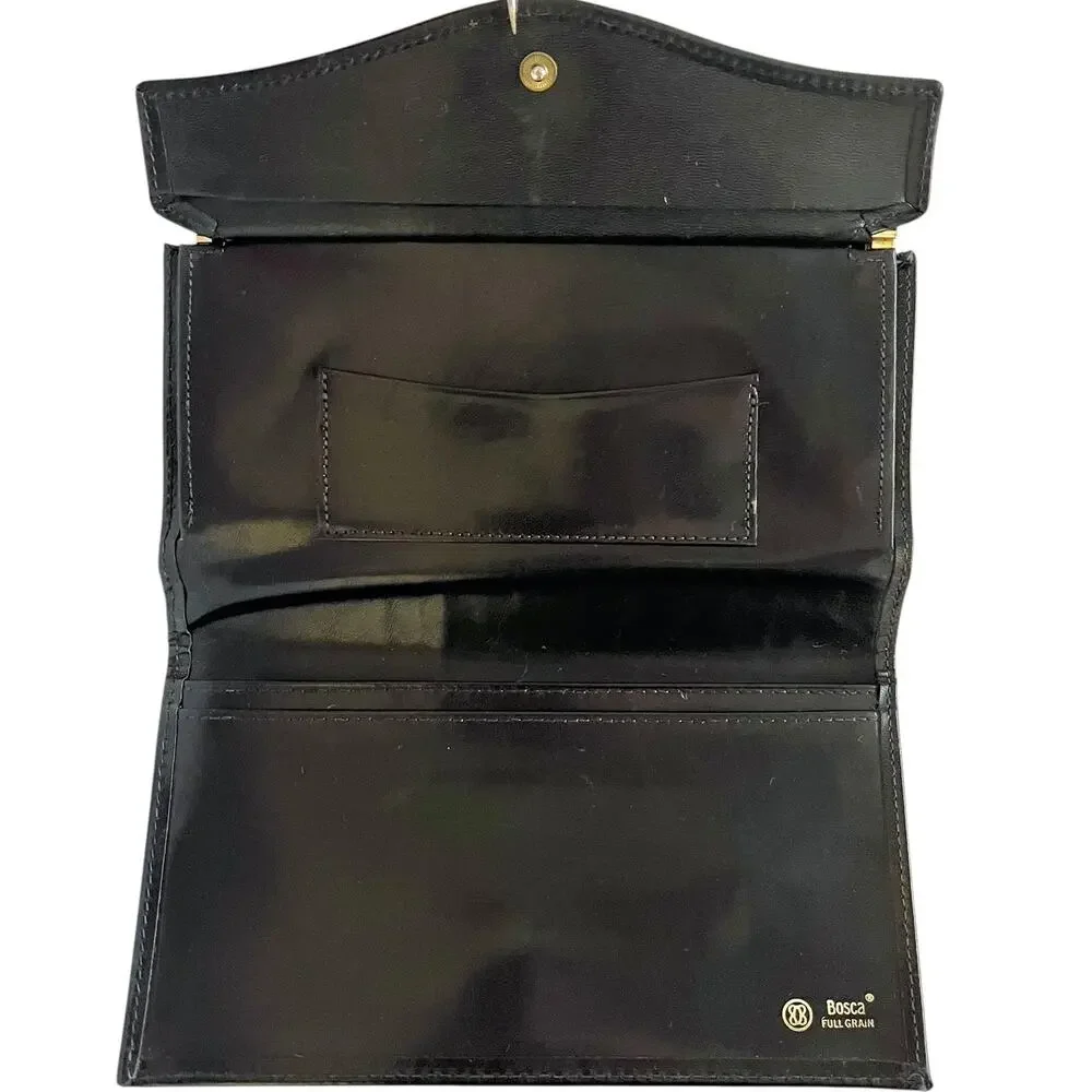 Vintage Bosca Black Full Grain Leather Continental Checkbook Frame Clutch Wallet